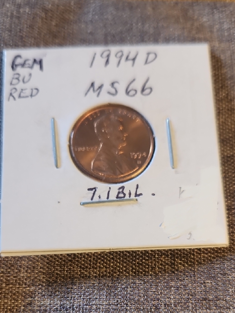 1994-D Lincoln Cent in White 2x2 Holder - Copper Tone